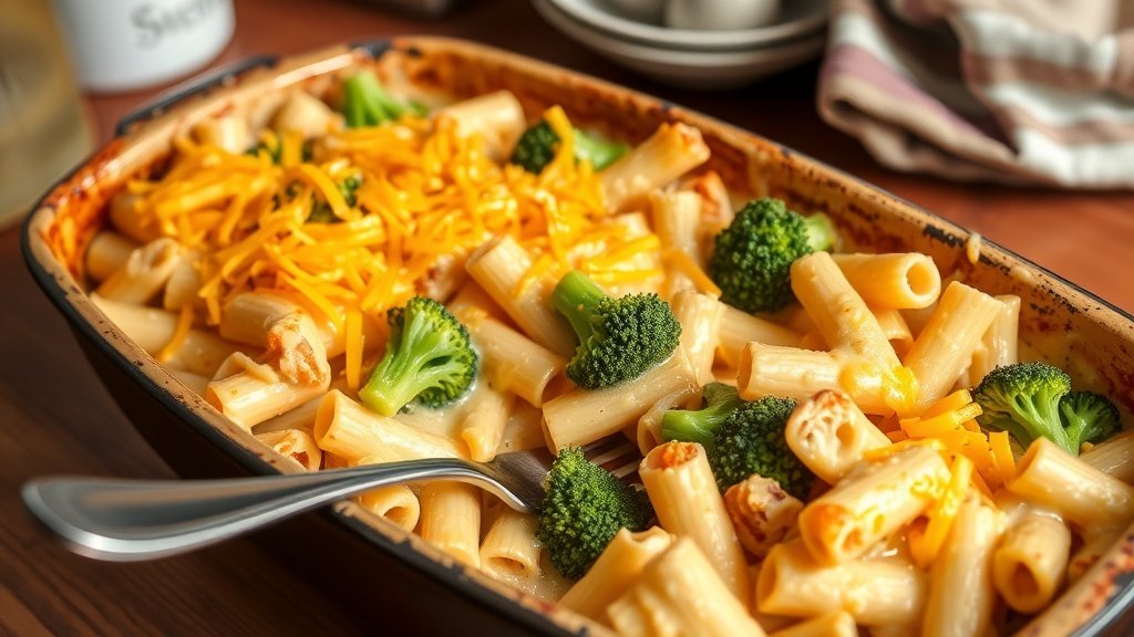 Creamy chicken broccoli rigatoni bake with melted cheese and broccoli in a rustic baking dish.