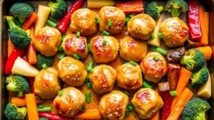Sheet pan with honey garlic chicken meatballs and roasted vegetables, garnished with sesame seeds and green onions.