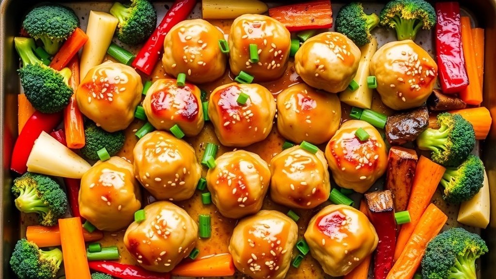 Sheet pan with honey garlic chicken meatballs and roasted vegetables, garnished with sesame seeds and green onions.