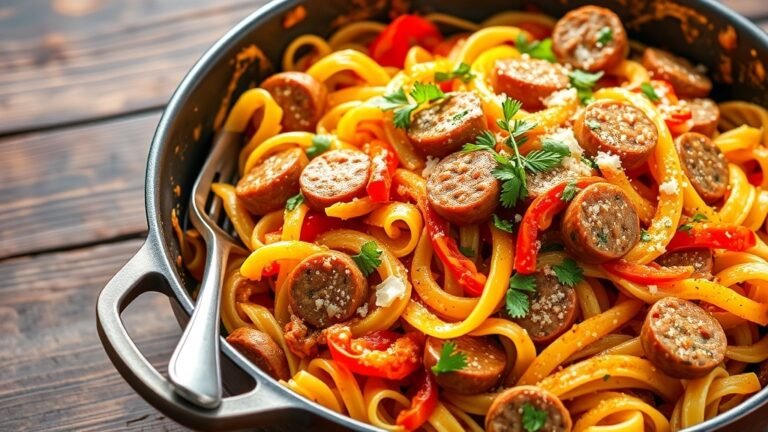 One-pan Italian sausage and pepper pasta in a skillet, garnished with herbs and cheese.