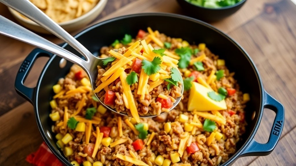 A skillet of cheesy taco orzo with ground beef and corn, garnished with cilantro, ready to serve.