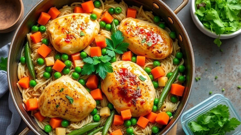 One-Pot Honey Garlic Chicken Orzo Primavera One-pot honey garlic chicken orzo primavera with vegetables in a glossy sauce, garnished with parsley.