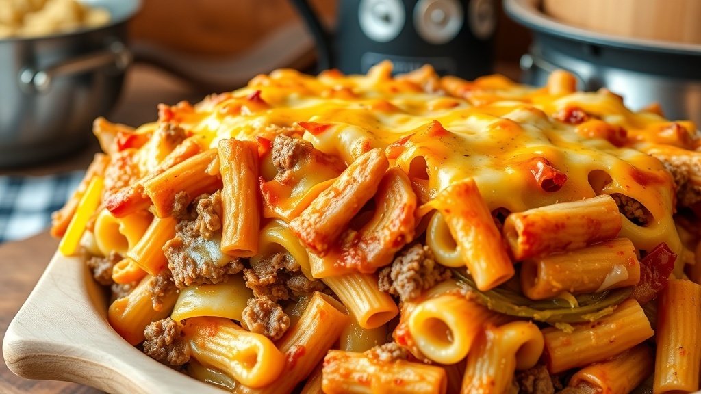 Cheesy Ground Beef & Cabbage Roll Pasta Bake A cheesy ground beef and cabbage roll pasta bake in a rustic casserole dish, topped with melted cheese.