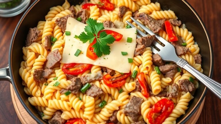 Creamy orzo skillet with beef, peppers, onions, and melted provolone cheese, garnished with parsley.