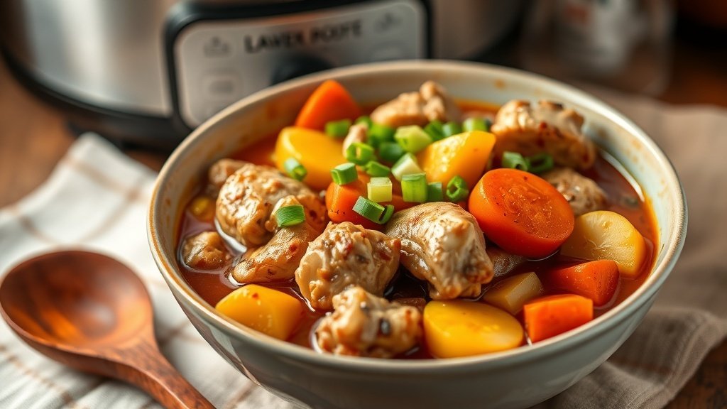 Dump-and-Go Crockpot Honey Garlic Chicken Potato Stew A bowl of honey garlic chicken stew with chicken thighs, baby potatoes, and carrots, garnished with green onions.