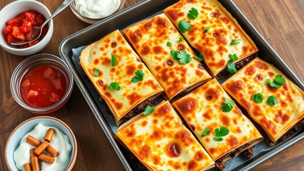 Chipotle Beef & Bean Sheet Pan Quesadilla Squares Sheet pan with baked quesadilla squares filled with beef and black beans, served with salsa and Greek yogurt.