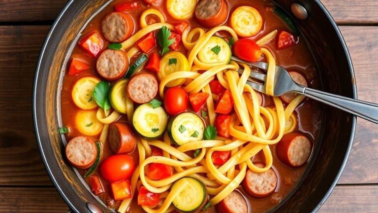 One-pan pasta with sausage, zucchini, and tomatoes in a skillet, garnished with herbs.