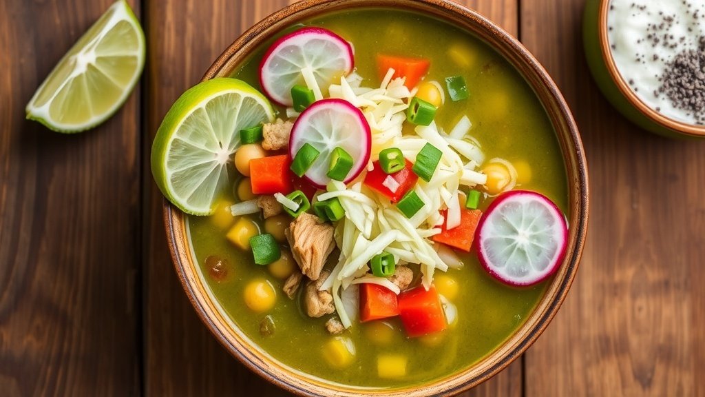 Weeknight Green Pozole Rojo–Style Ground Chicken Soup A bowl of green pozole soup with ground chicken, hominy, cabbage, and radishes, garnished with lime on a wooden table.