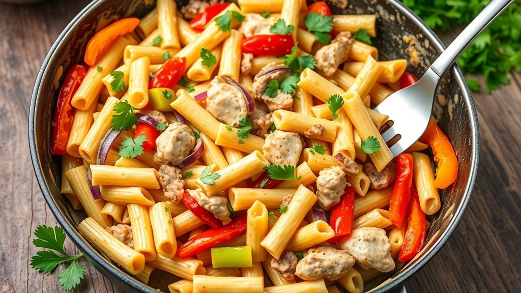 Lazy One-Pan Creamy Chicken Fajita Pasta One-pan creamy chicken fajita pasta with bell peppers and onions, garnished with cilantro, served in a skillet.
