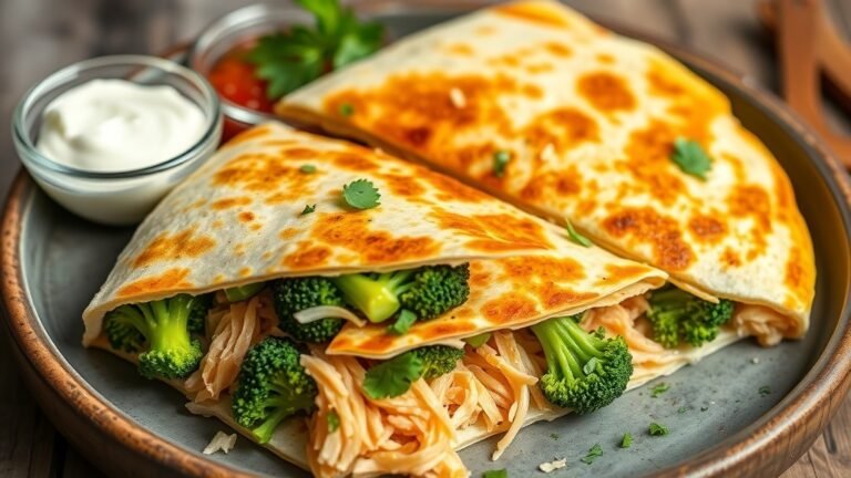 Crispy quesadilla filled with honey-garlic chicken and broccoli, served with sour cream and salsa.