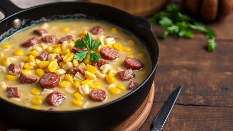 A hearty chowder skillet with sausage, corn, and orzo in a creamy broth, garnished with parsley on a rustic table.