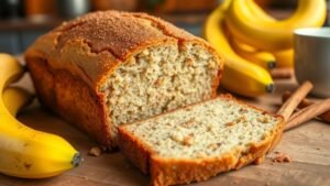 Sliced brown butter cinnamon banana bread on a wooden table with ripe bananas and cinnamon sticks.