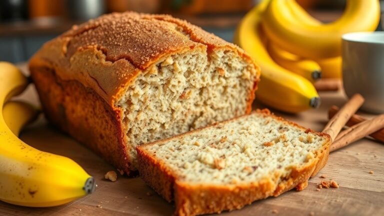 Sliced brown butter cinnamon banana bread on a wooden table with ripe bananas and cinnamon sticks.