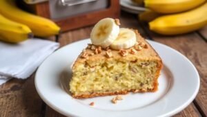 A slice of Greek Yogurt Banana Snack Cake with banana slices on a plate, showcasing its moist texture.