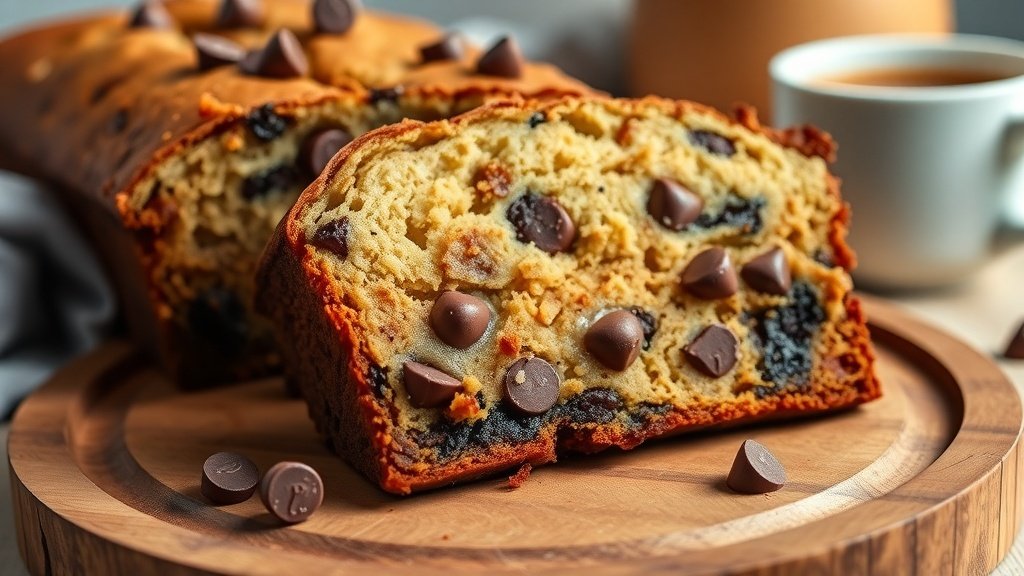 A slice of chocolate chip banana bread pudding loaf on a wooden plate, with chocolate chips visible, in a cozy kitchen setting.