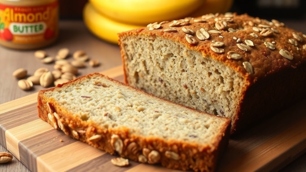 Sliced healthy oatmeal almond butter banana bread on a cutting board with ripe bananas and almond butter in the background.