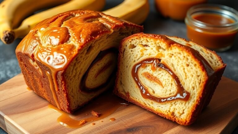A loaf of caramel swirl banana bread sliced to show moist interior with caramel swirls, on a wooden cutting board with bananas and caramel sauce.