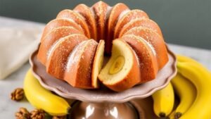 A moist banana bundt cake on a cake stand, dusted with powdered sugar, with slices cut to show the interior, surrounded by ripe bananas.