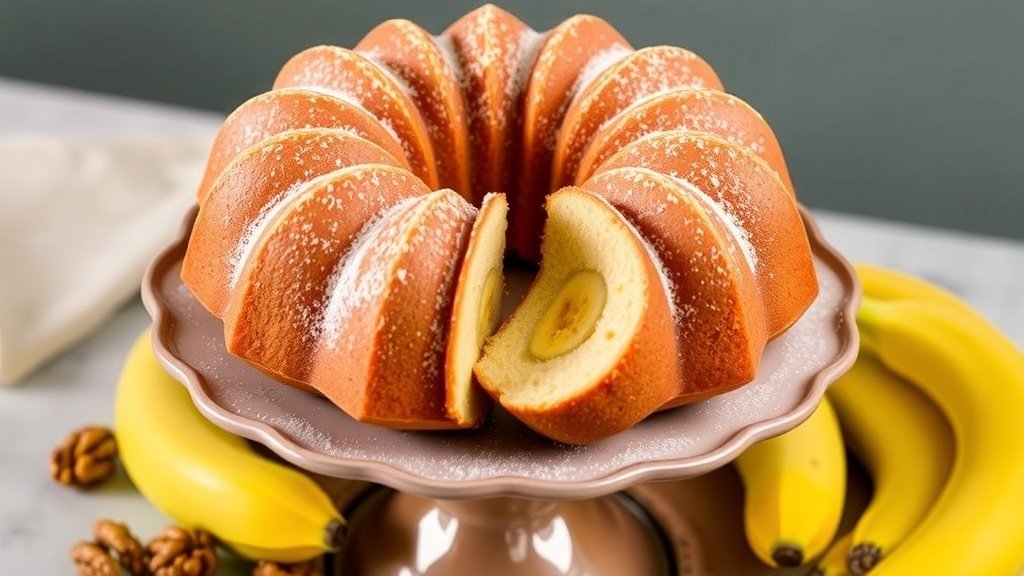 A moist banana bundt cake on a cake stand, dusted with powdered sugar, with slices cut to show the interior, surrounded by ripe bananas.