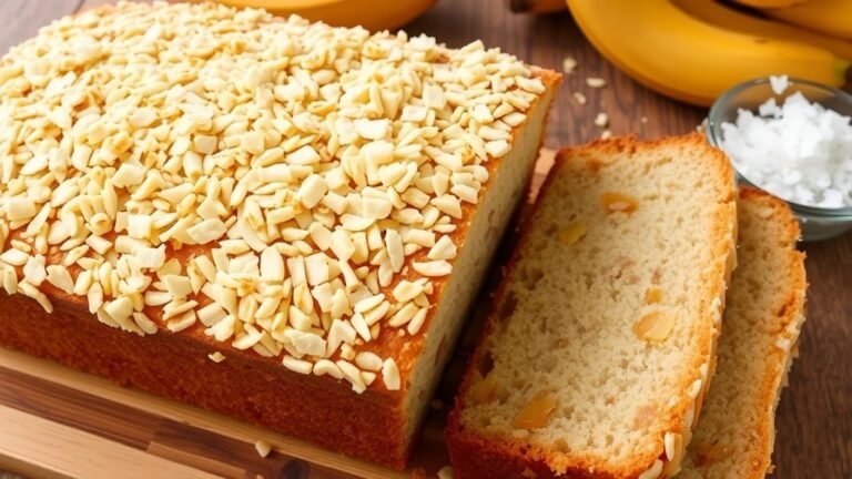 Toasted coconut pineapple banana bread loaf with slices showing moist texture, surrounded by bananas and coconut.