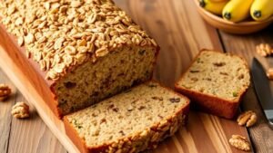 Sliced zucchini banana bread loaf with crunchy topping on a wooden table, surrounded by ripe bananas and walnuts.