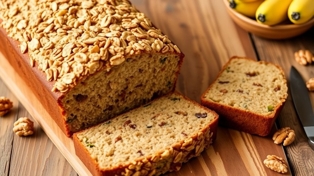 Sliced zucchini banana bread loaf with crunchy topping on a wooden table, surrounded by ripe bananas and walnuts.