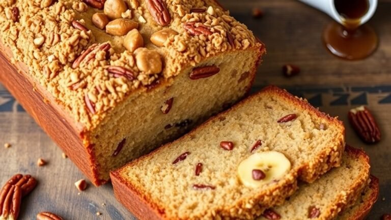 Sliced Maple Pecan Streusel Banana Bread on a wooden table, showcasing its moist texture and pecan topping.