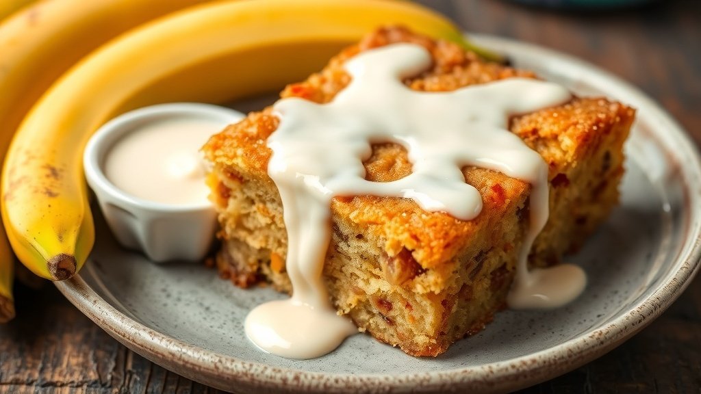 Slice of banana bread pudding cake with vanilla sauce on a rustic plate, surrounded by ripe bananas.